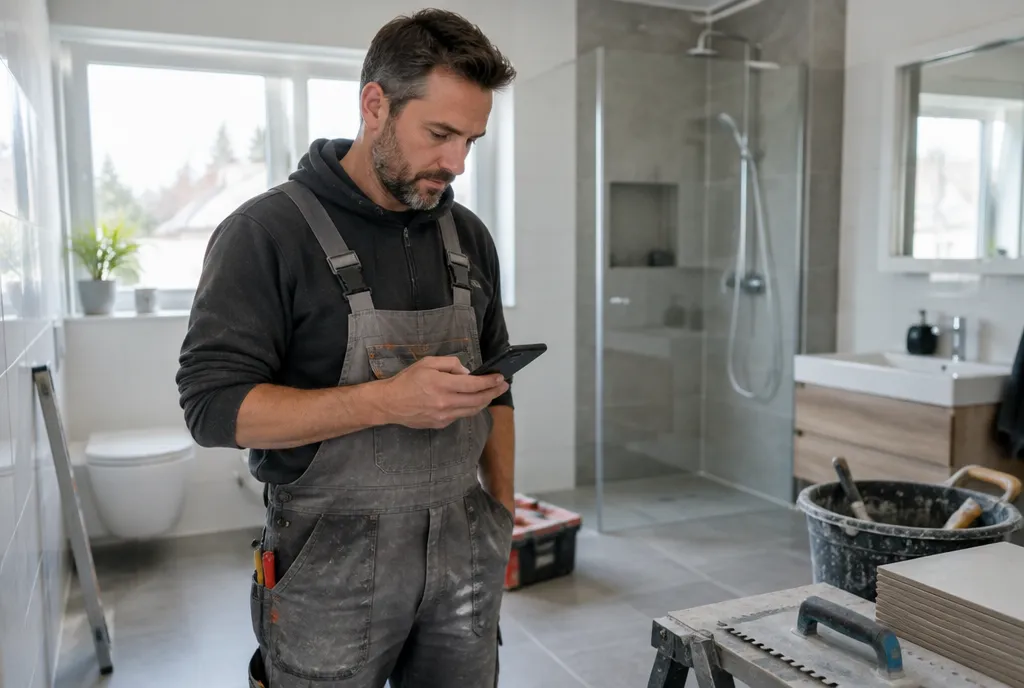 Fliesenleger prüft Termine auf dem Handy in einem neuen Bad