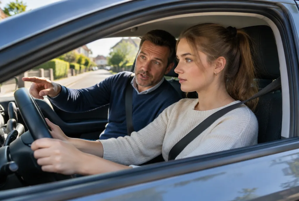 Fahrlehrer erklärt einer Fahrschülerin etwas im Auto